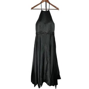 Vnaix Women's 8 Satin Halter Lace Up Bodice Maxi Dress Pockets Black Tie Wedding